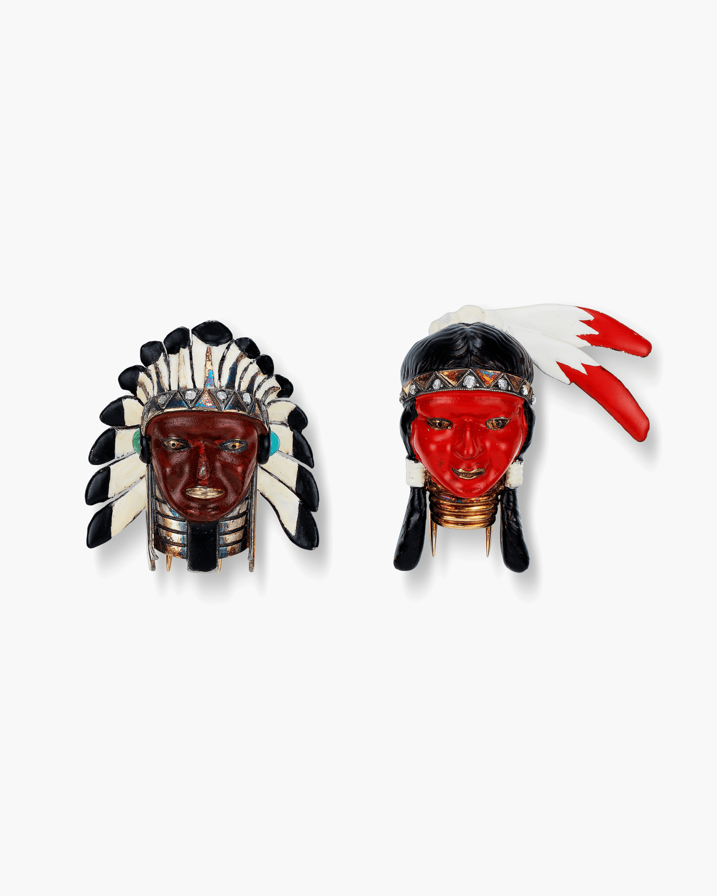 Art Deco Diamond and Lacquer Sioux and Squaw Brooches by Cartier