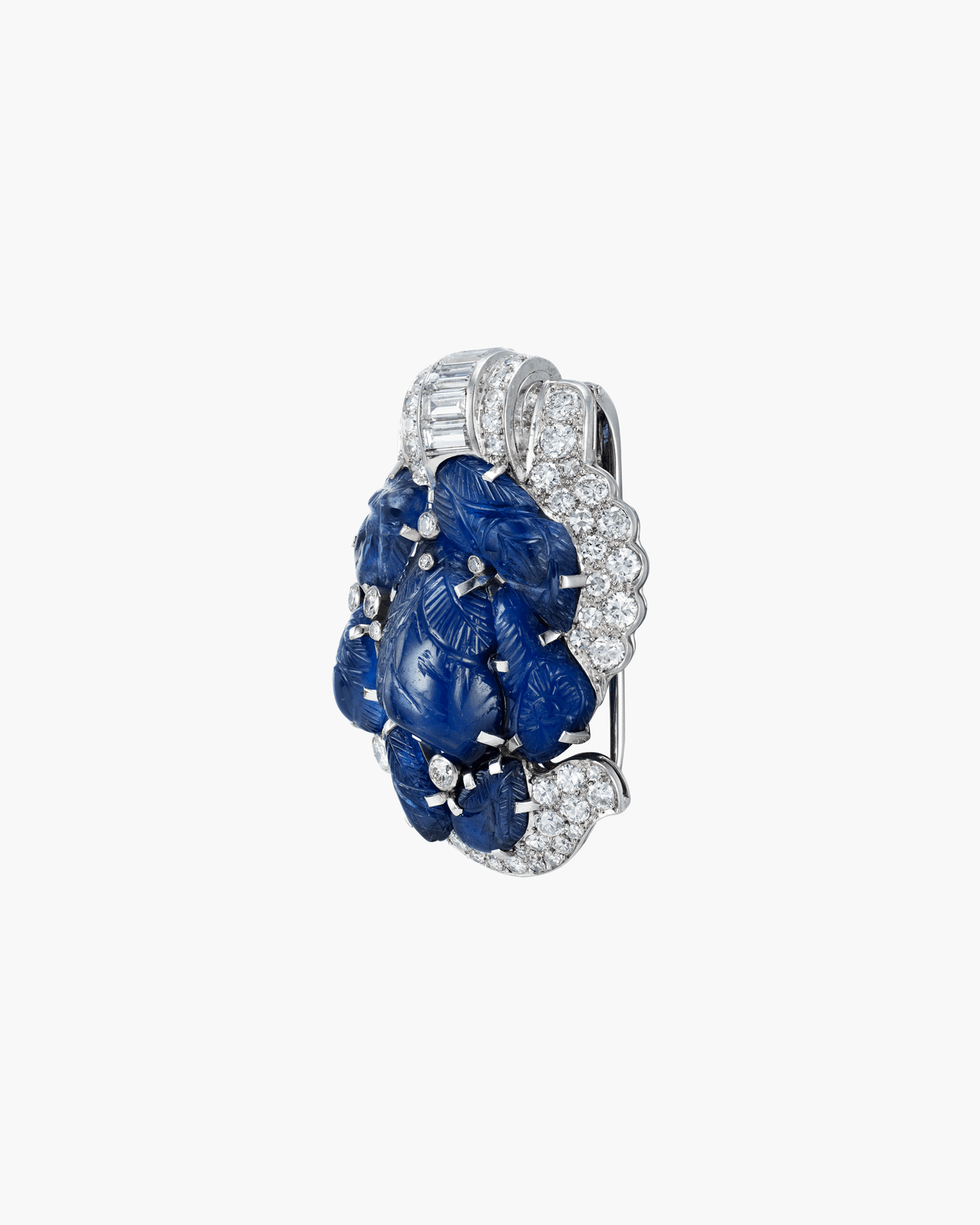 Art Deco Carved Sapphire and Diamond Clip Brooch by Cartier