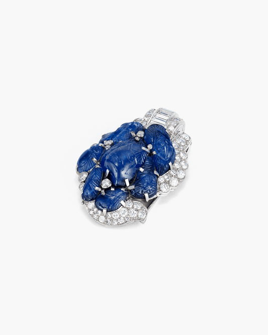 Art Deco Carved Sapphire and Diamond Clip Brooch by Cartier
