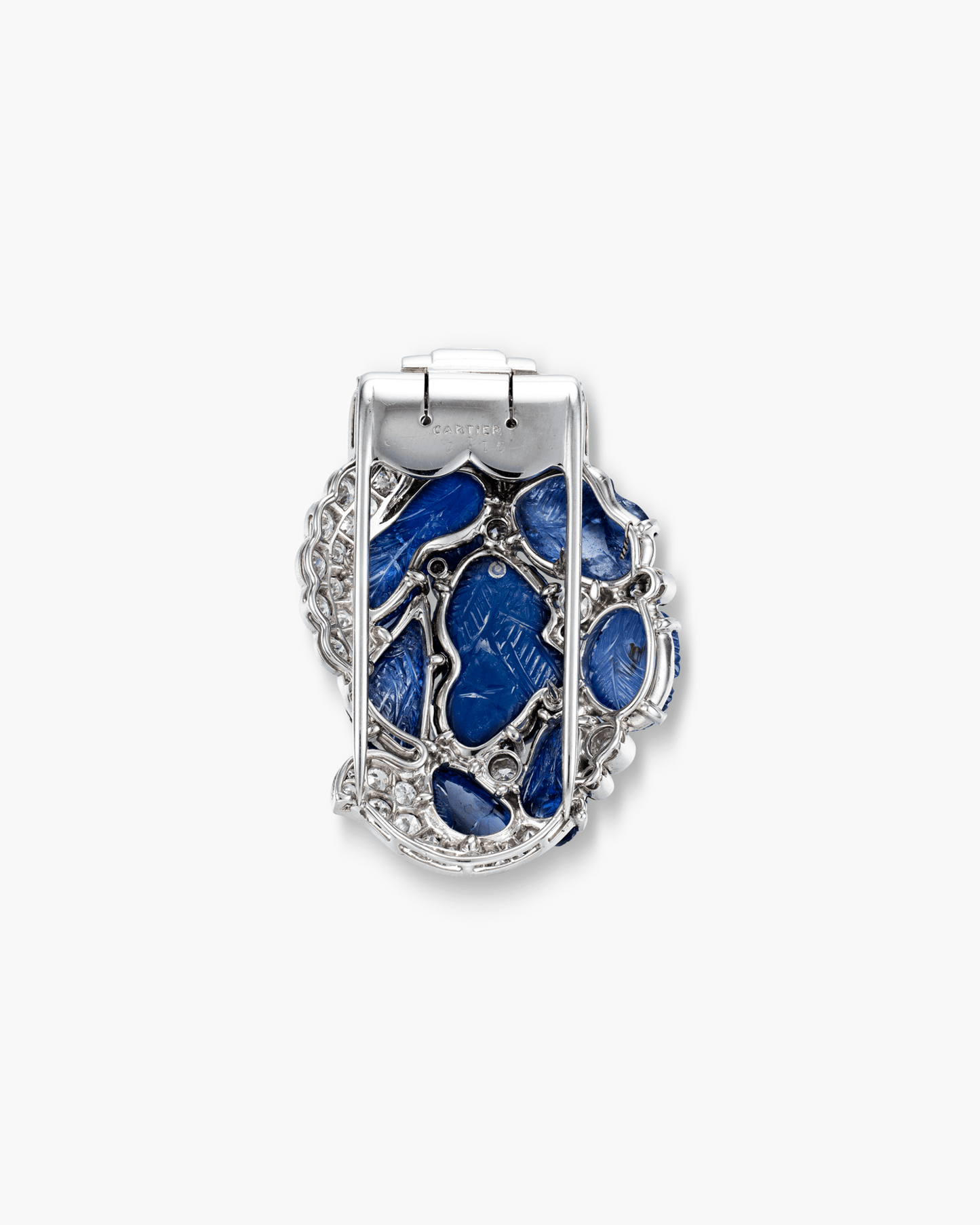 Art Deco Carved Sapphire and Diamond Clip Brooch by Cartier