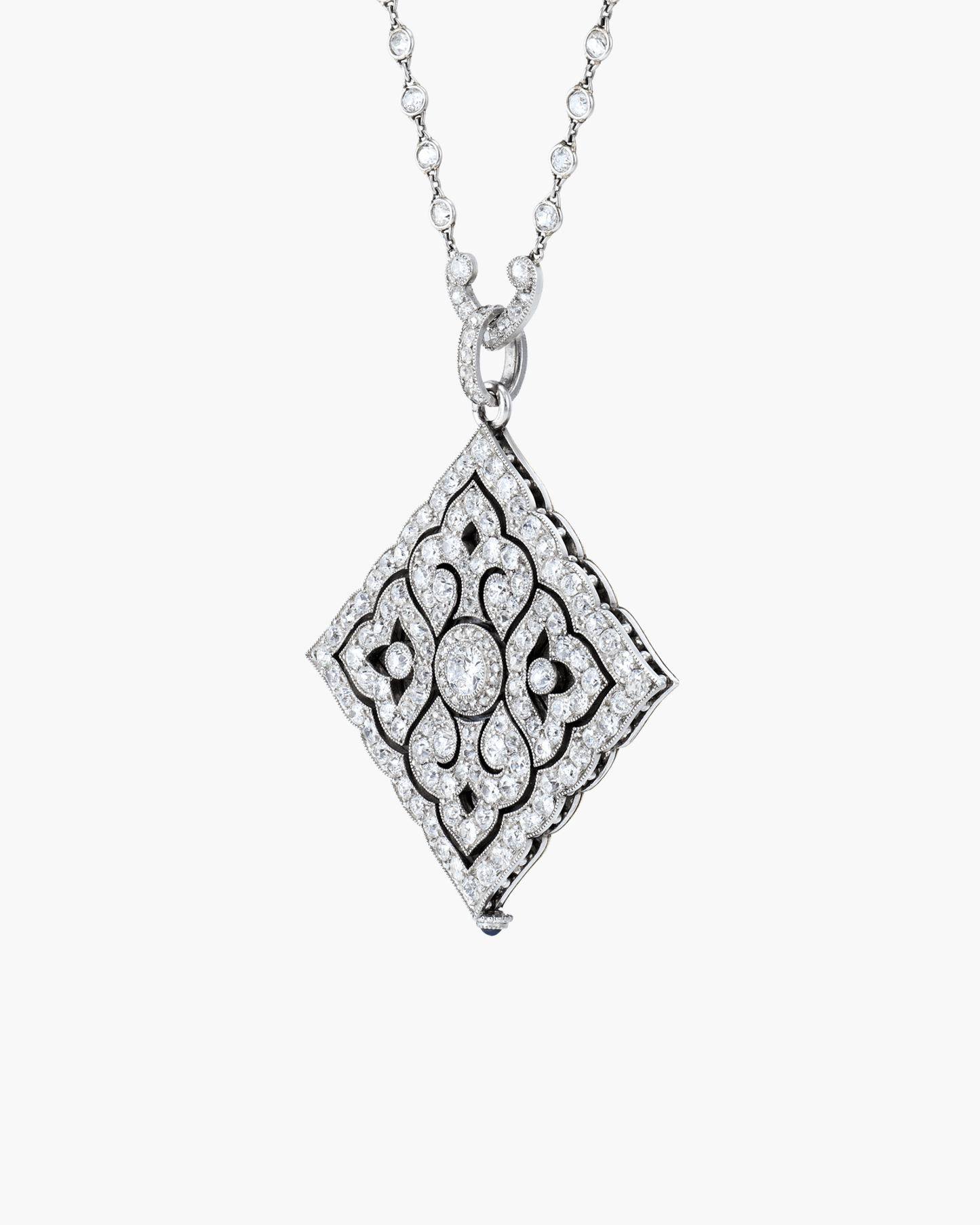 Edwardian Diamond and Sapphire White Enamel Pendant Watch by Cartier