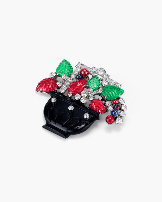 Art Deco Onyx, Amethyst, Emerald, Sapphire, Ruby and Diamond Tutti Frutti Flower Basket Brooch by Cartier