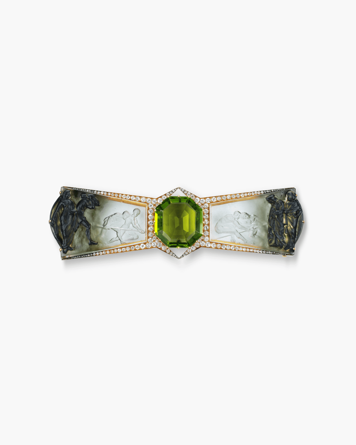 Art Nouveau Peridot, Glass, Diamond and Enamel 'Le Vol de la Pierre' Brooch by René Lalique