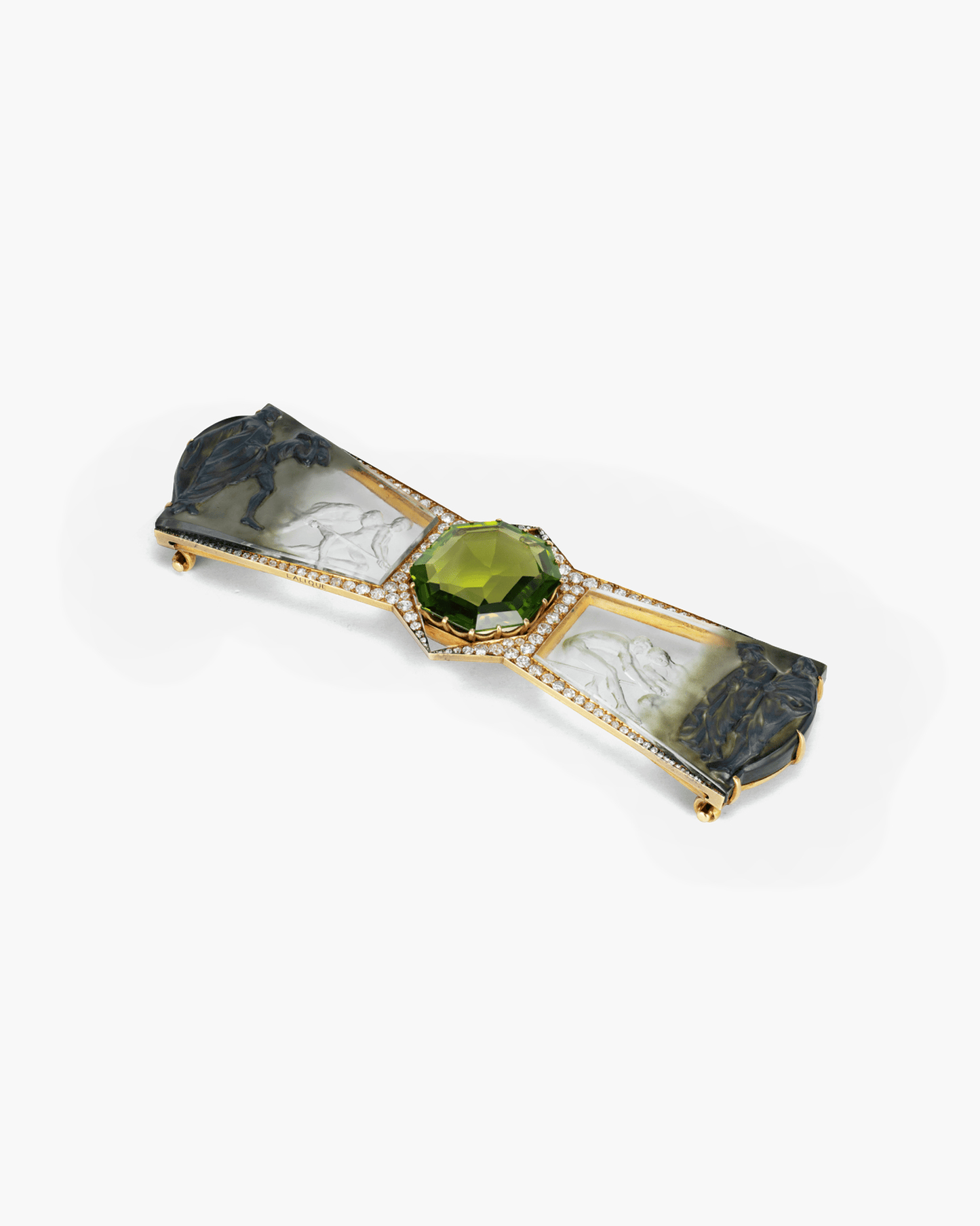 Art Nouveau Peridot, Glass, Diamond and Enamel 'Le Vol de la Pierre' Brooch by René Lalique