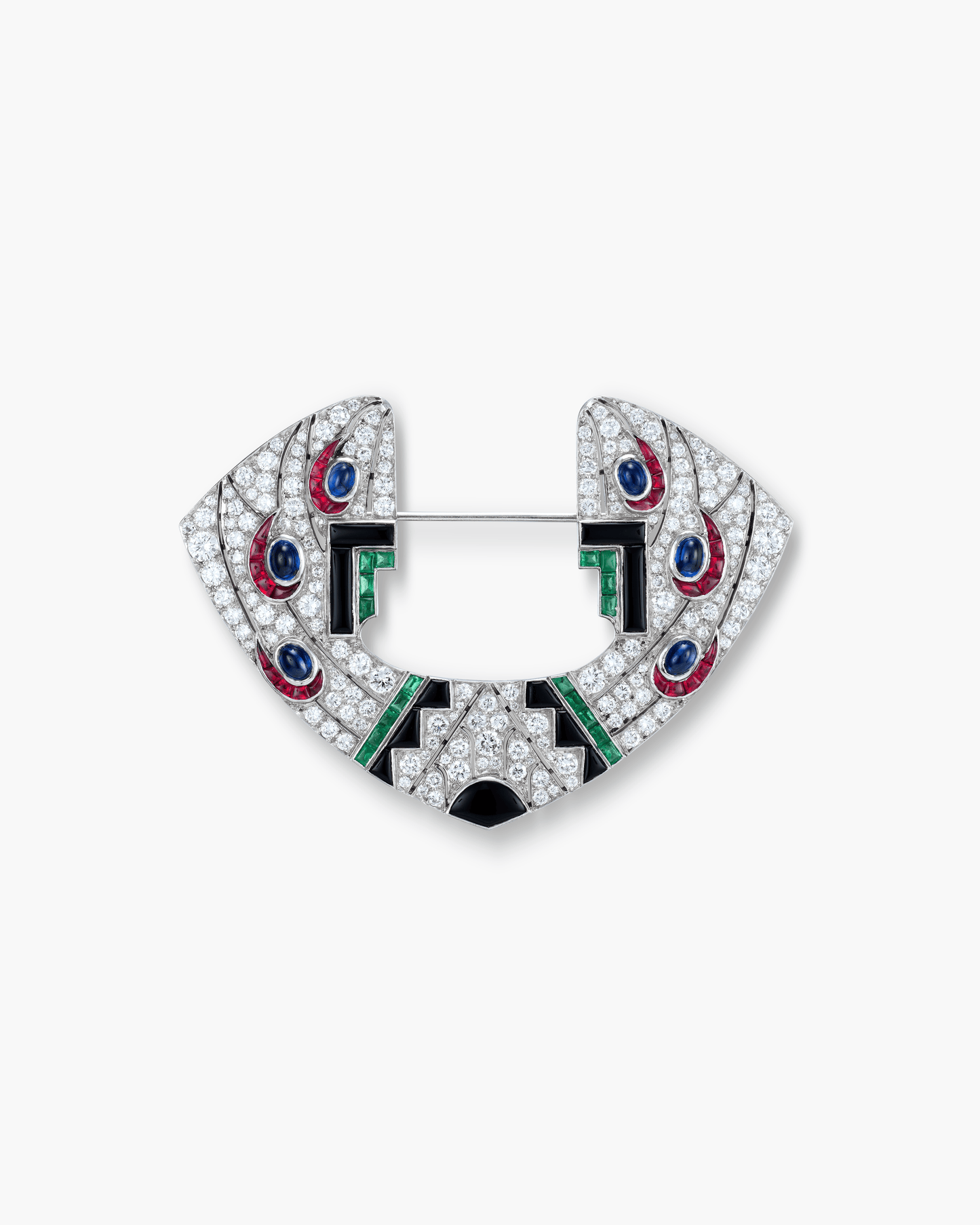 Art Deco Diamond, Sapphire, Ruby and Emerald Onyx Geometric Motif Brooch