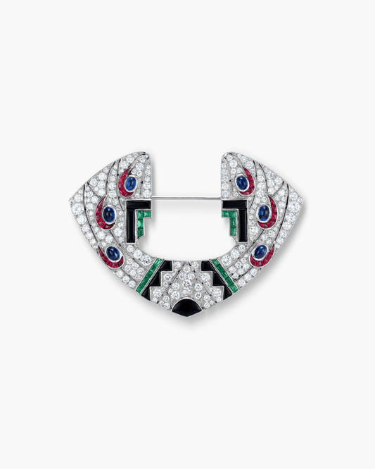 Art Deco Diamond, Sapphire, Ruby and Emerald Onyx Geometric Motif Brooch