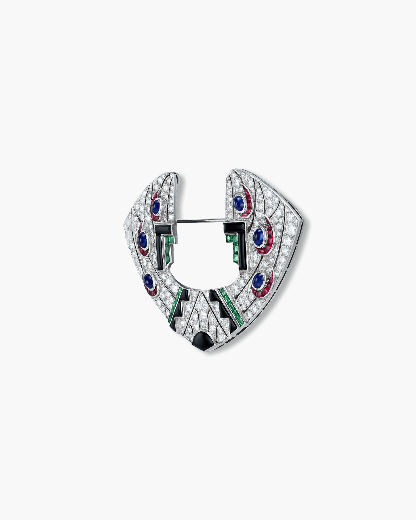 Art Deco Diamond, Sapphire, Ruby and Emerald Onyx Geometric Motif Brooch