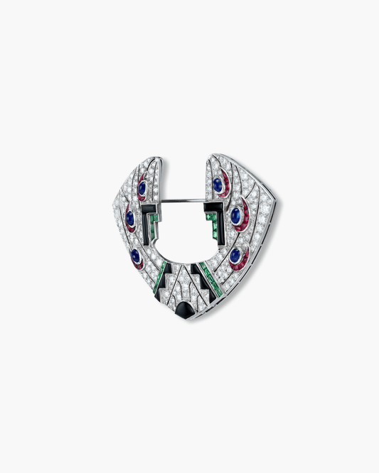 Art Deco Diamond, Sapphire, Ruby and Emerald Onyx Geometric Motif Brooch