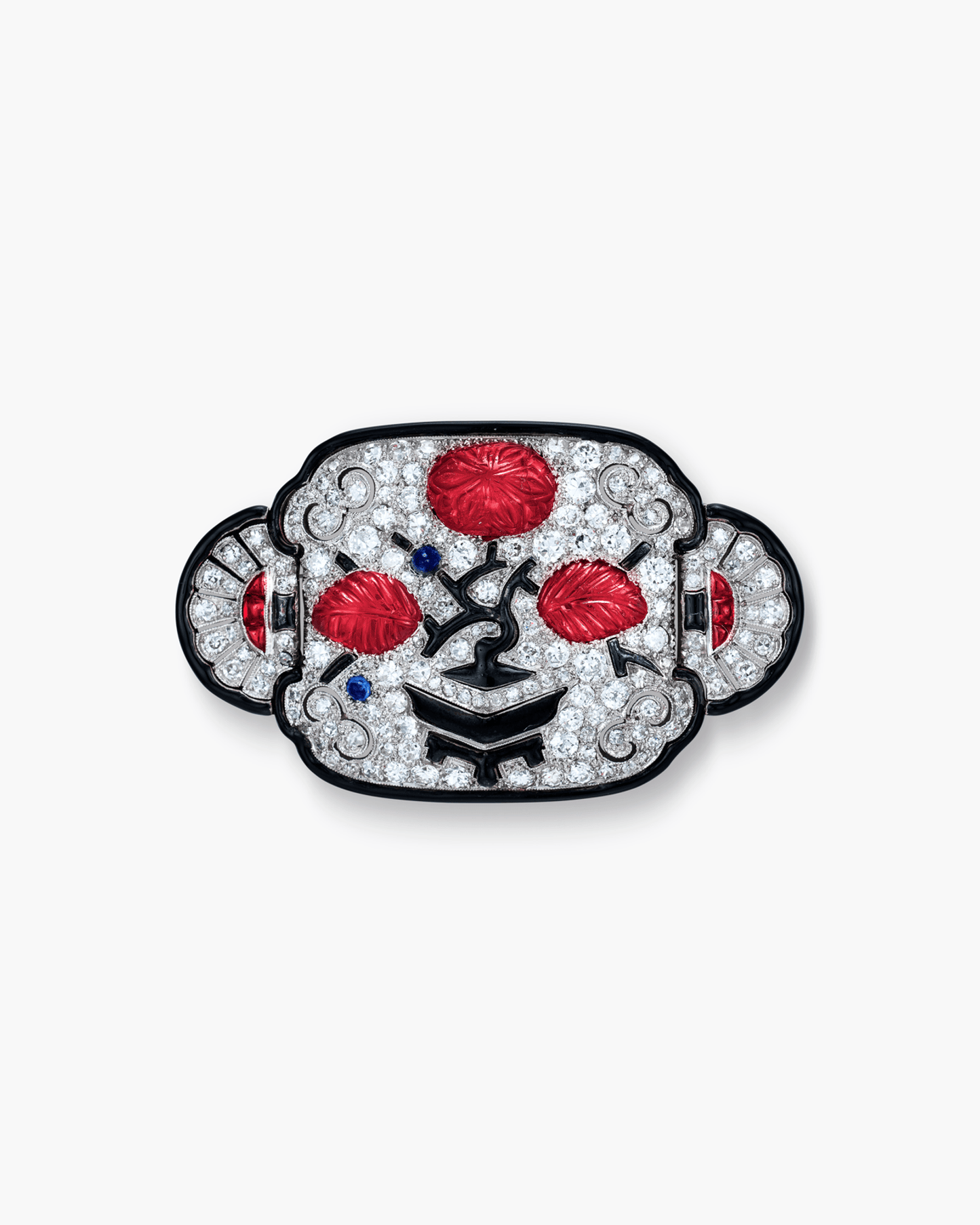 Art Deco Carved Ruby and Diamond Enamel Brooch