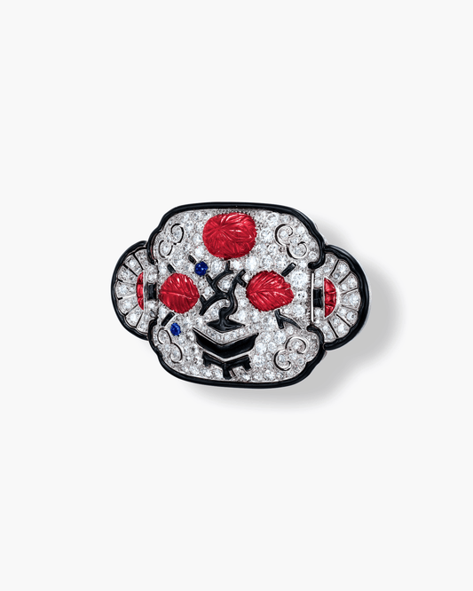 Art Deco Carved Ruby and Diamond Enamel Brooch