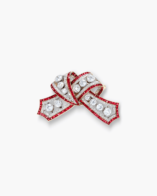 Edwardian Diamond and Ruby Bow Brooch