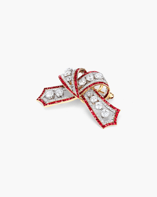 Edwardian Diamond and Ruby Bow Brooch