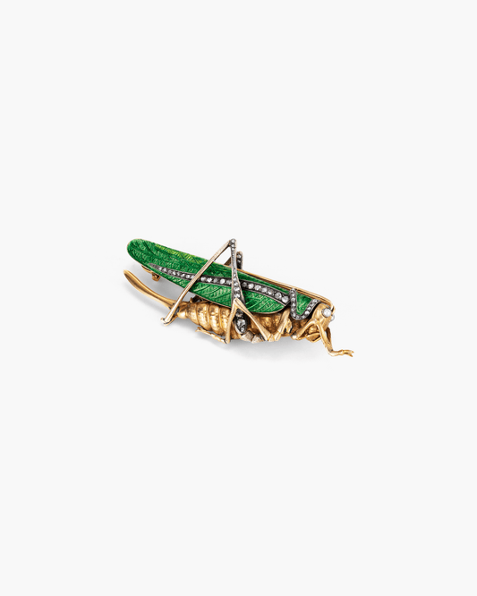 Victorian Diamond Enamel and Seed Pearl Grasshopper Brooch