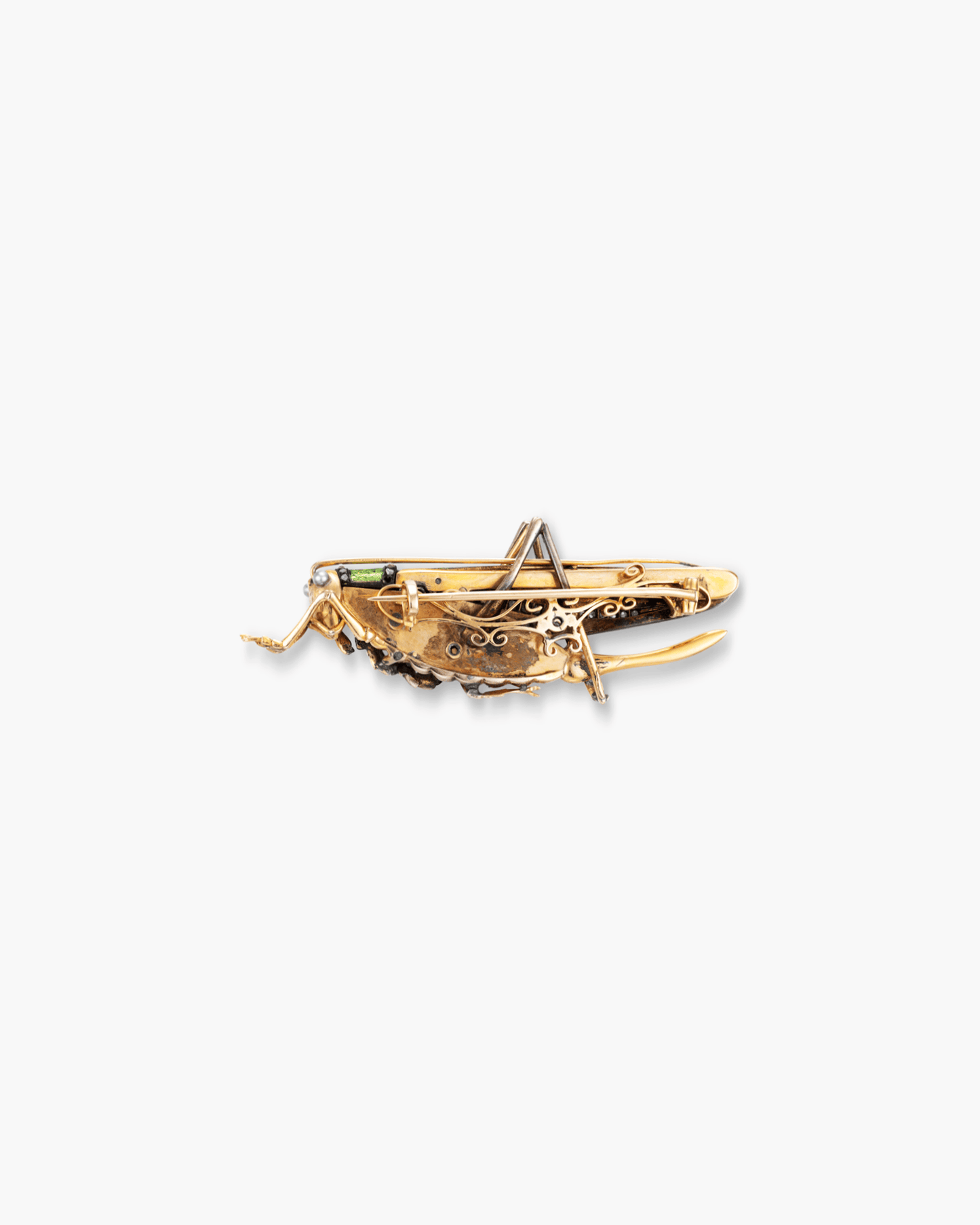 Victorian Diamond Enamel and Seed Pearl Grasshopper Brooch