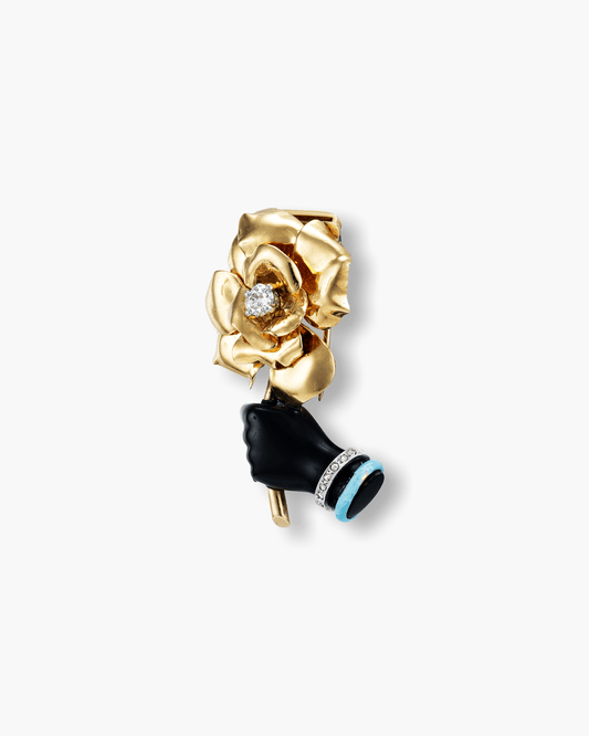 Art Deco Diamond and Enamel Rose in Hand Clip Brooch by Cartier