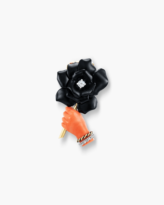Art Deco Diamond, Coral and Enamel Rose in Hand Clip Brooch by Cartier