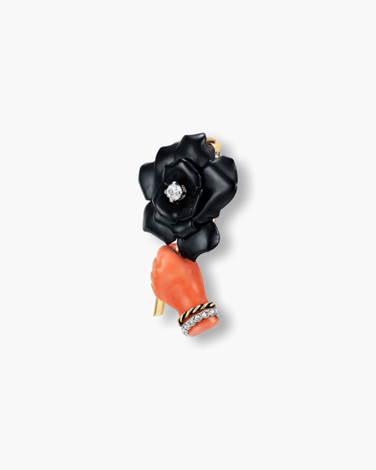 Art Deco Diamond, Coral and Enamel Rose in Hand Clip Brooch by Cartier