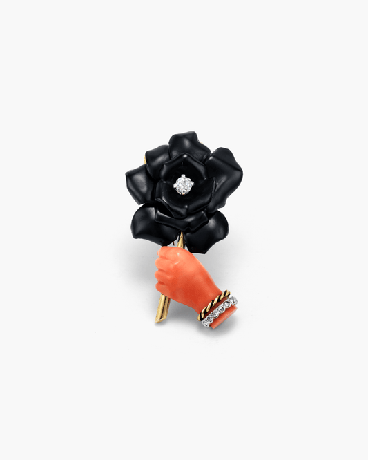 Art Deco Diamond, Coral and Enamel Rose in Hand Clip Brooch by Cartier