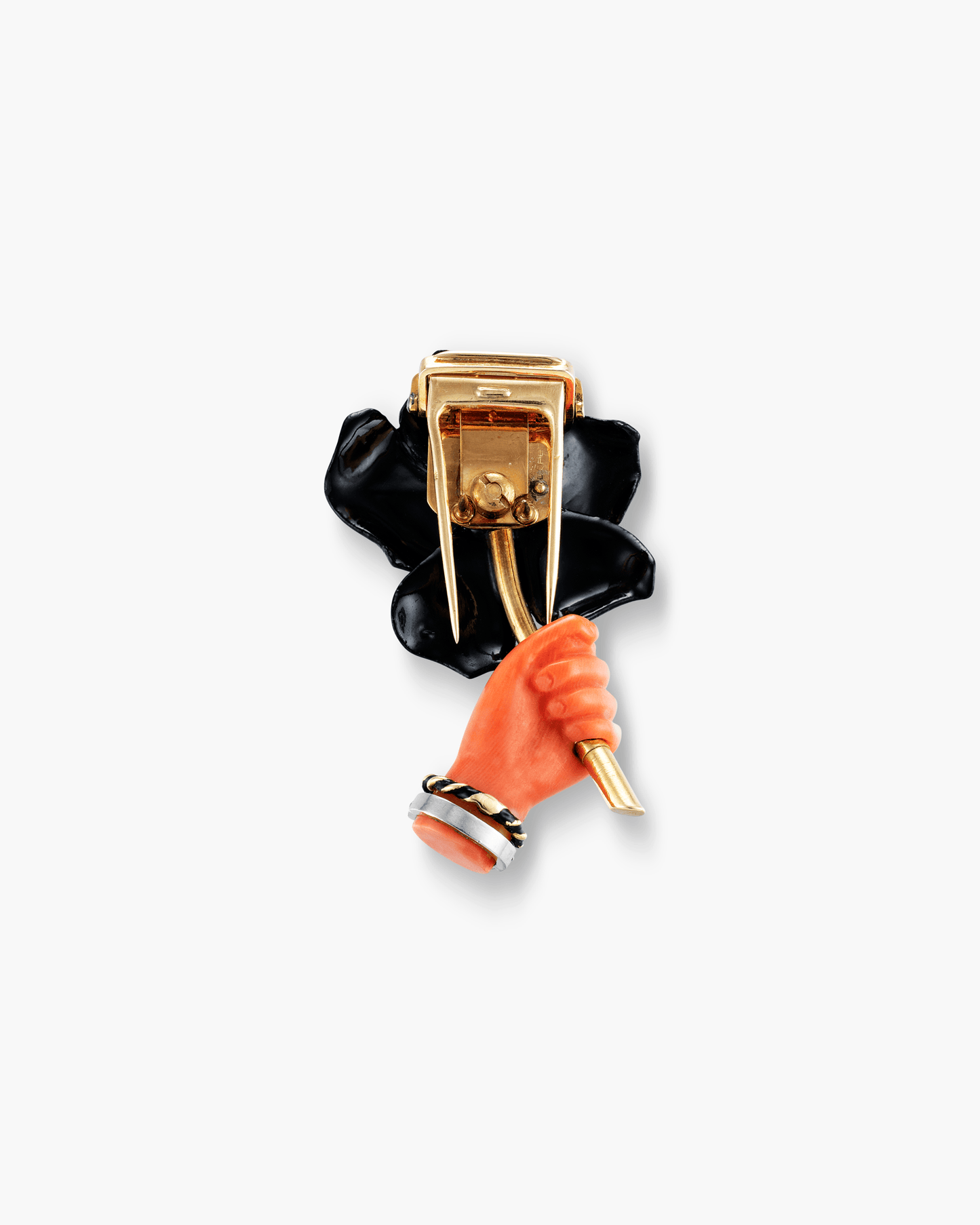 Art Deco Diamond, Coral and Enamel Rose in Hand Clip Brooch by Cartier