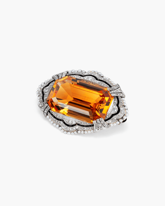 Edwardian Imperial Topaz, Diamond, Onyx and Pearl Brooch