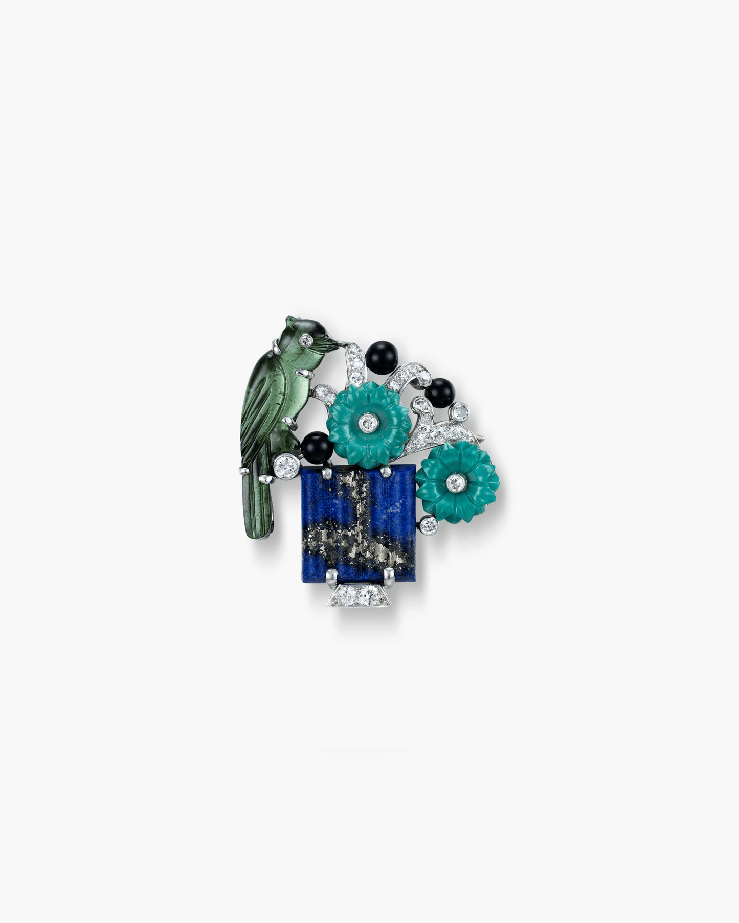 Art Deco Diamond, Lapis Lazuli, Onyx, Turquoise and Tourmaline Bird on Flowerpot Brooch by Cartier