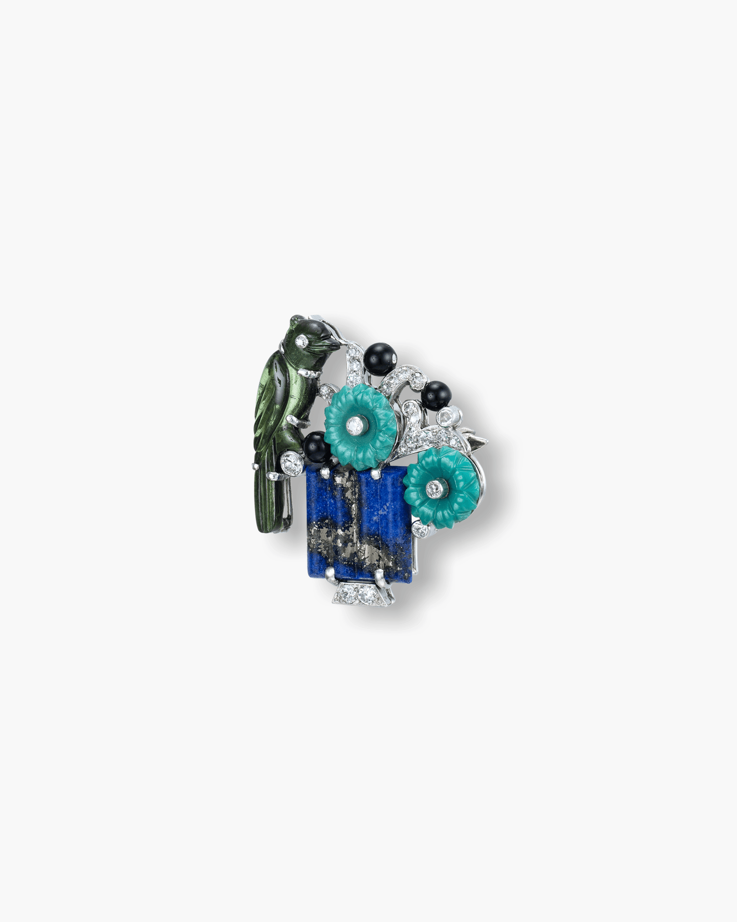 Art Deco Diamond, Lapis Lazuli, Onyx, Turquoise and Tourmaline Bird on Flowerpot Brooch by Cartier
