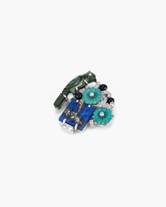 Art Deco Diamond, Lapis Lazuli, Onyx, Turquoise and Tourmaline Bird on Flowerpot Brooch by Cartier