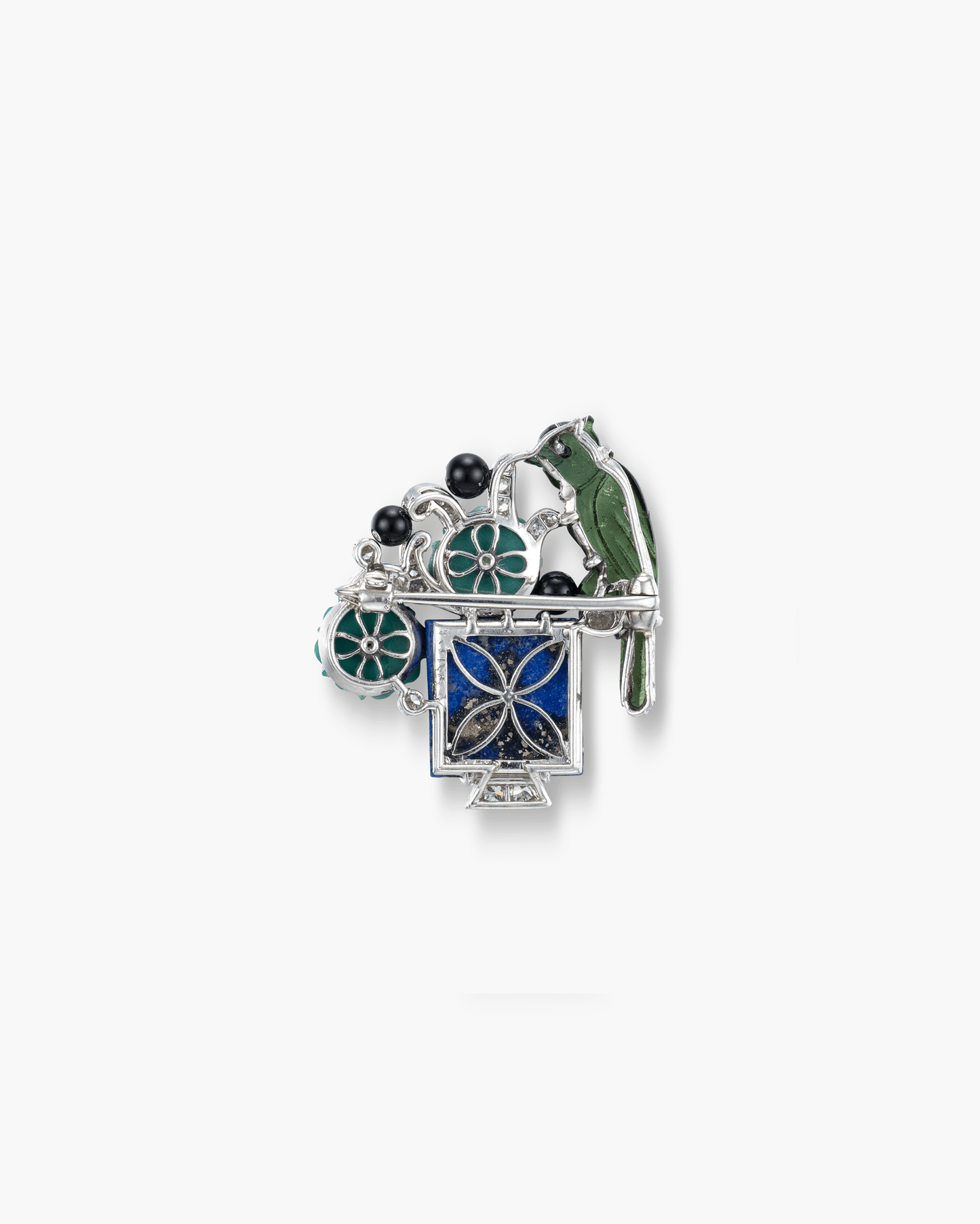 Art Deco Diamond, Lapis Lazuli, Onyx, Turquoise and Tourmaline Bird on Flowerpot Brooch by Cartier