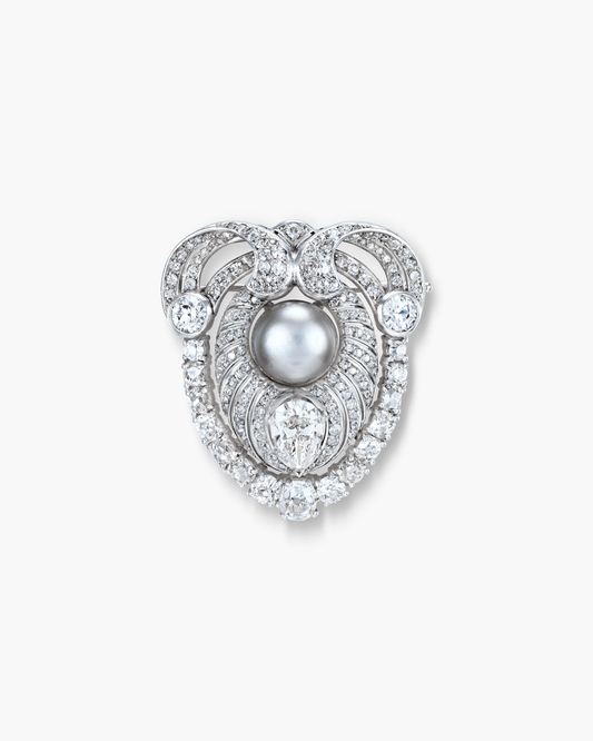Edwardian Natural Pearl and Diamond Scroll Design Brooch by Koch