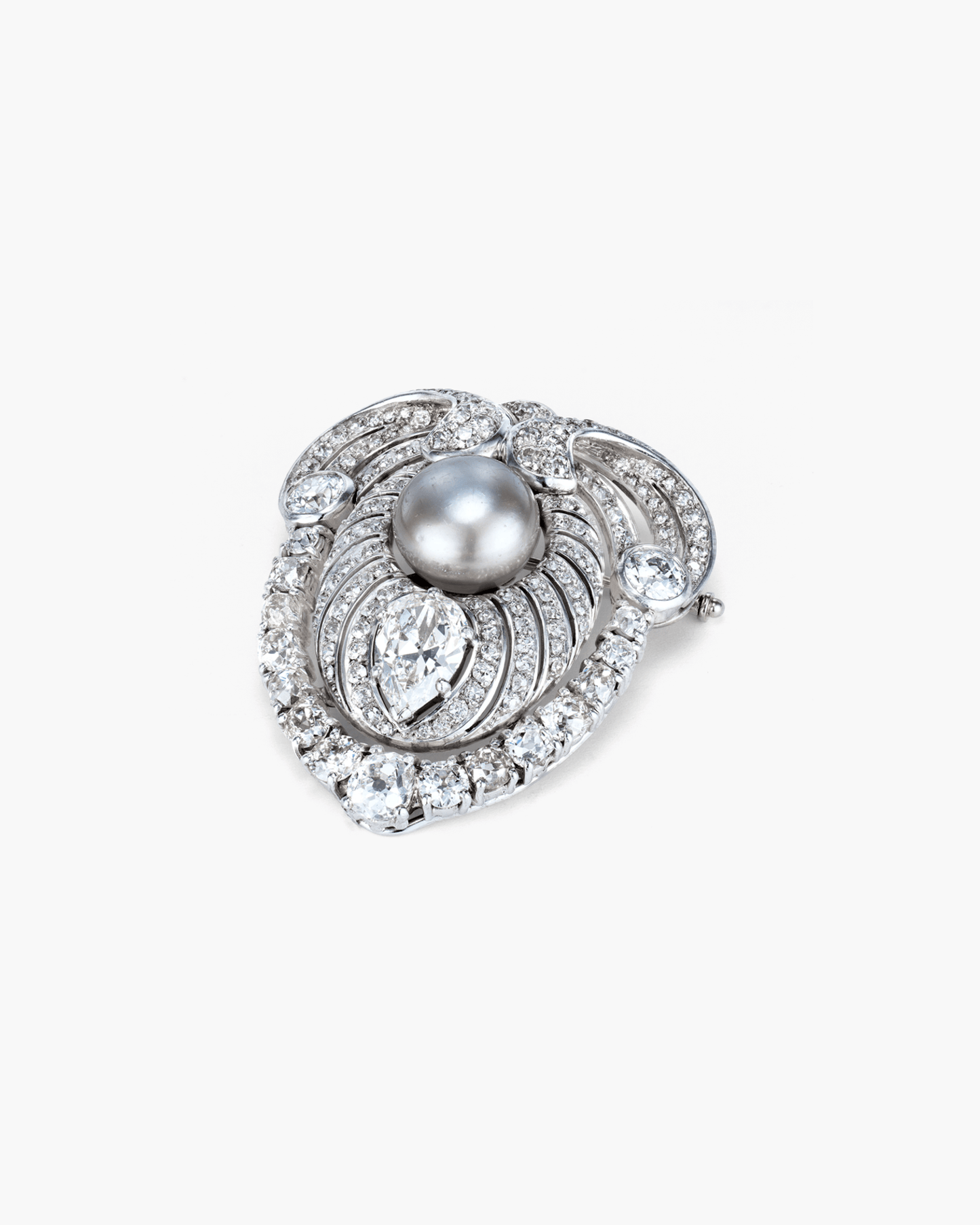 Edwardian Natural Pearl and Diamond Scroll Design Brooch by Koch