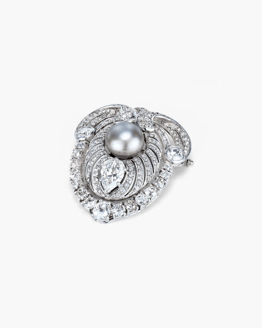 Edwardian Natural Pearl and Diamond Scroll Design Brooch by Koch
