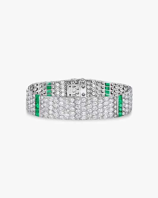 Art Deco Diamond and Emerald Scale Pattern Design Bracelet