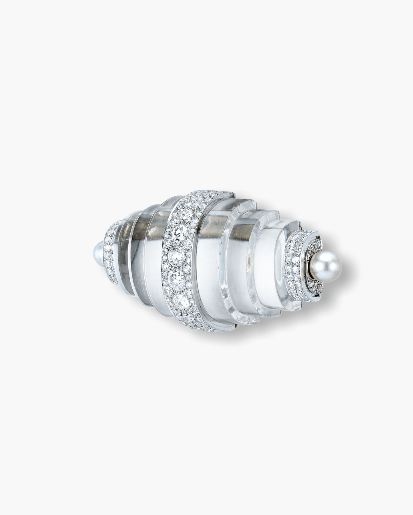 Art Deco Rock Crystal, Pearl and Diamond Tapered Cylindrical Design Brooch by René Boivin