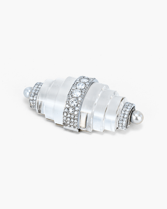 Art Deco Rock Crystal, Pearl and Diamond Tapered Cylindrical Design Brooch by René Boivin