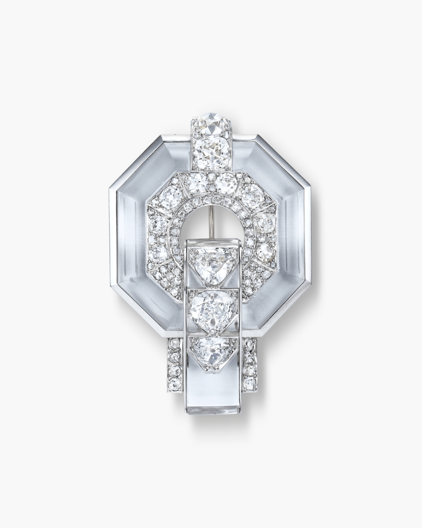 Art Deco Rock Crystal and Diamond Octagon Geometric Design Brooch by René Boivin