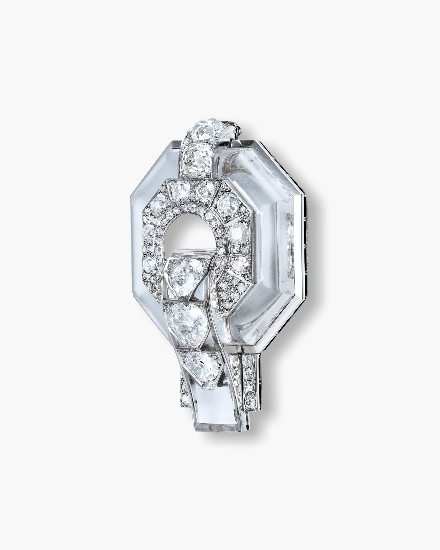 Art Deco Rock Crystal and Diamond Octagon Geometric Design Brooch by René Boivin