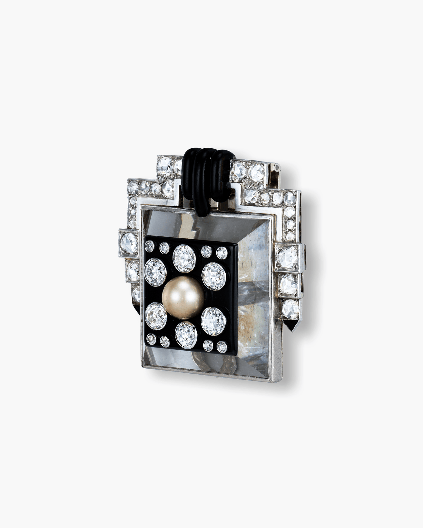 Art Deco Rock Crystal, Pearl, Onyx, Lacquer and Diamond Pyramid Geometric Design Clip by Suzanne Belperron