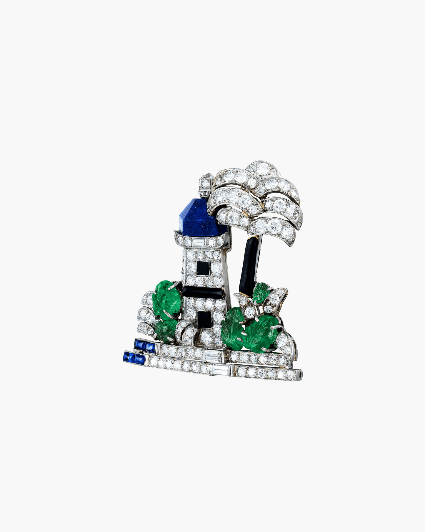 Art Deco Diamond, Sapphire, Emerald, Lapis Lazuli, Onyx and Enamel Mosque Brooch by Mauboussin