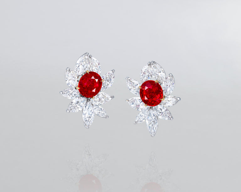 Oval Shape Burmese Ruby and Diamond Cluster Earrings