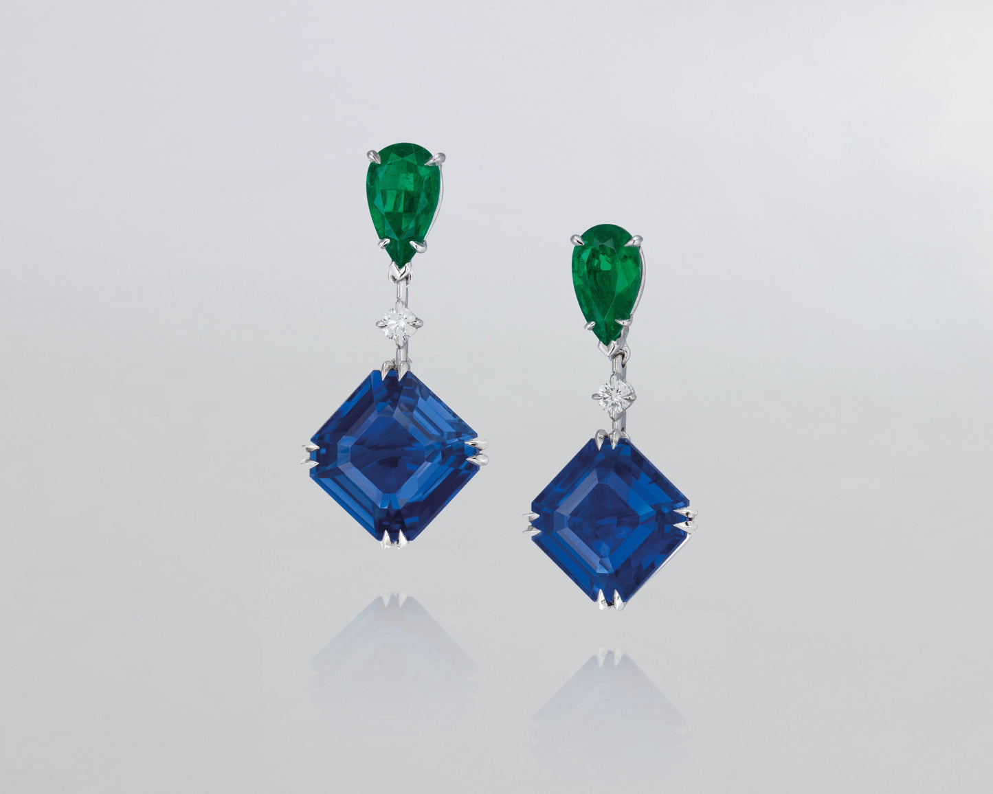 12.66 carat Square Emerald Cut Ceylon Sapphire and Emerald Earrings