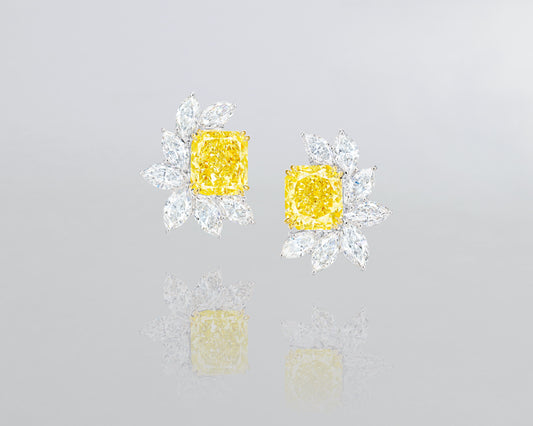 20.06 carat Radiant Cut Fancy Yellow and White Diamond Cluster Earrings