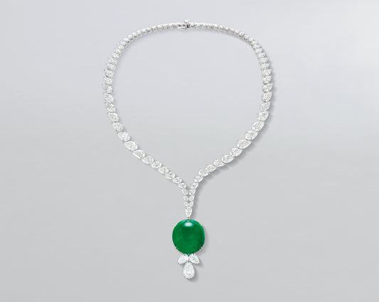 64.08 carat Cabochon Colombian Emerald and Diamond Necklace