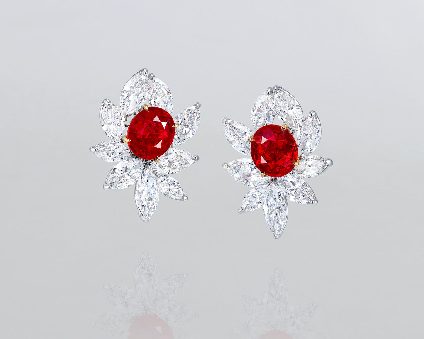 10.22 carat Oval Shape Burmese Ruby and Diamond Cluster Earrings