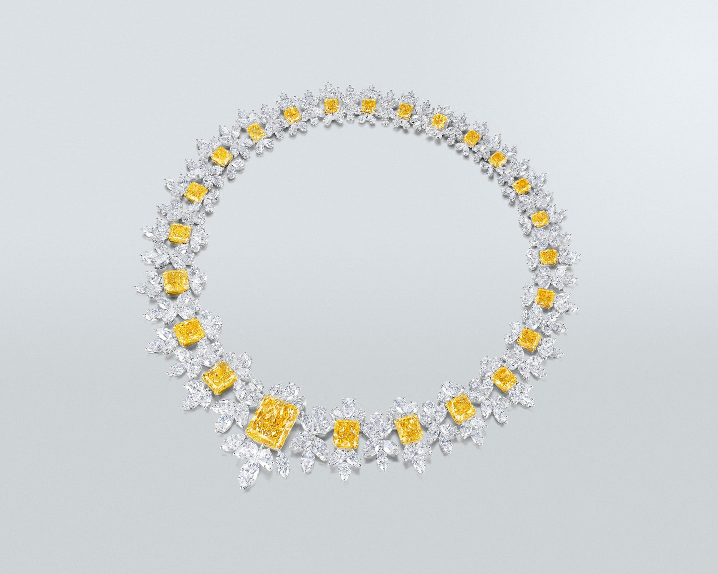 25.88 carat Radiant Cut Fancy Yellow and White Diamond Necklace