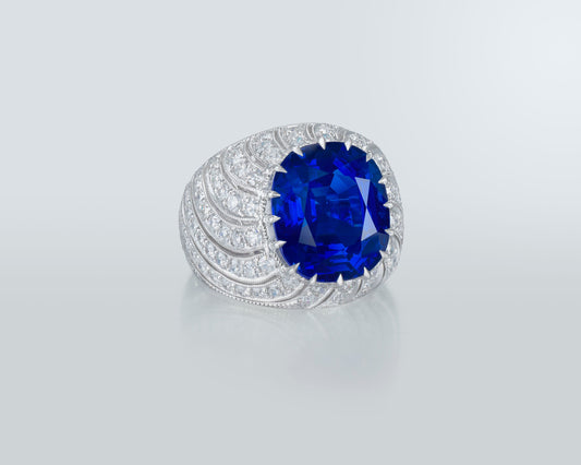 12.41 carat Cushion Cut Kashmir Sapphire and Diamond Ring