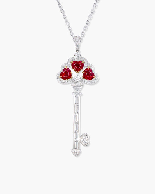 Heart Shape Burmese Ruby and Diamond Key Pendant Necklace, 4.60 carats