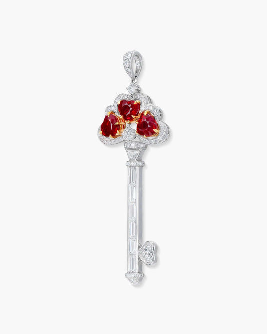 Heart Shape Burmese Ruby and Diamond Key Pendant Necklace, 4.60 carats