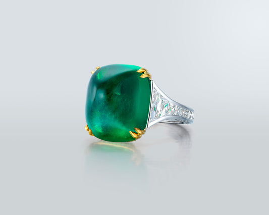 22.88 carat Sugarloaf Cabochon Colombian Emerald and Diamond Ring