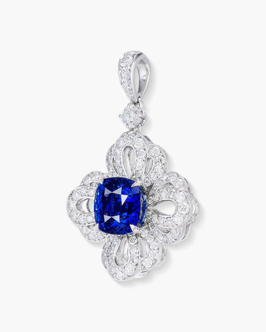 3.35 carat Cushion Cut Ceylon Sapphire and Diamond Floral Pendant Necklace