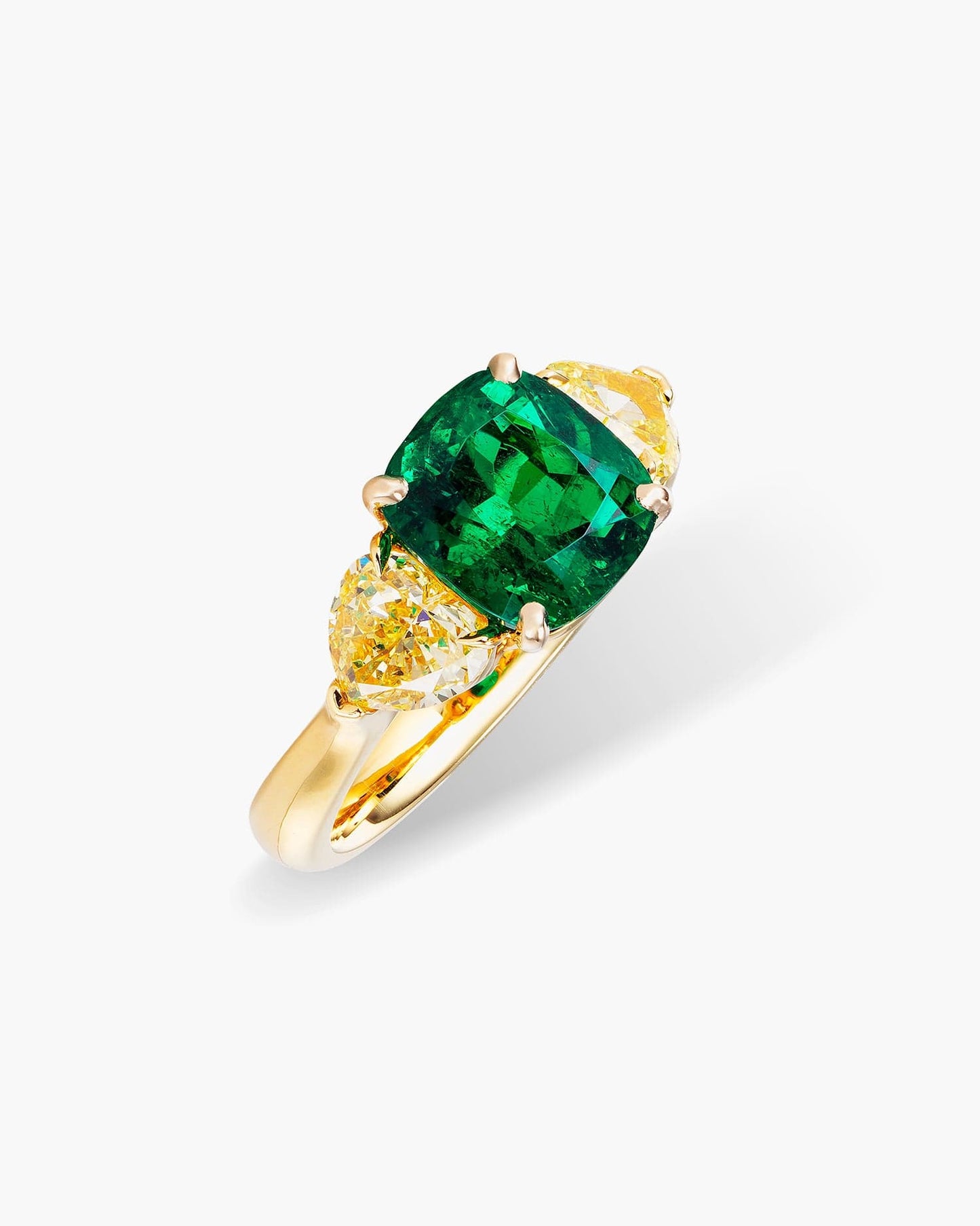 2.32 carat Cushion Cut Colombian Emerald and Yellow Diamond Ring